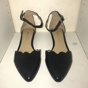 Black Leather Ankle Strap Scalloped Flats
